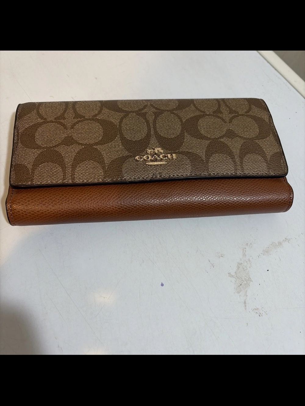 Coach Two-Tone Signature Trifold Wallet in Brown and Tan C5966